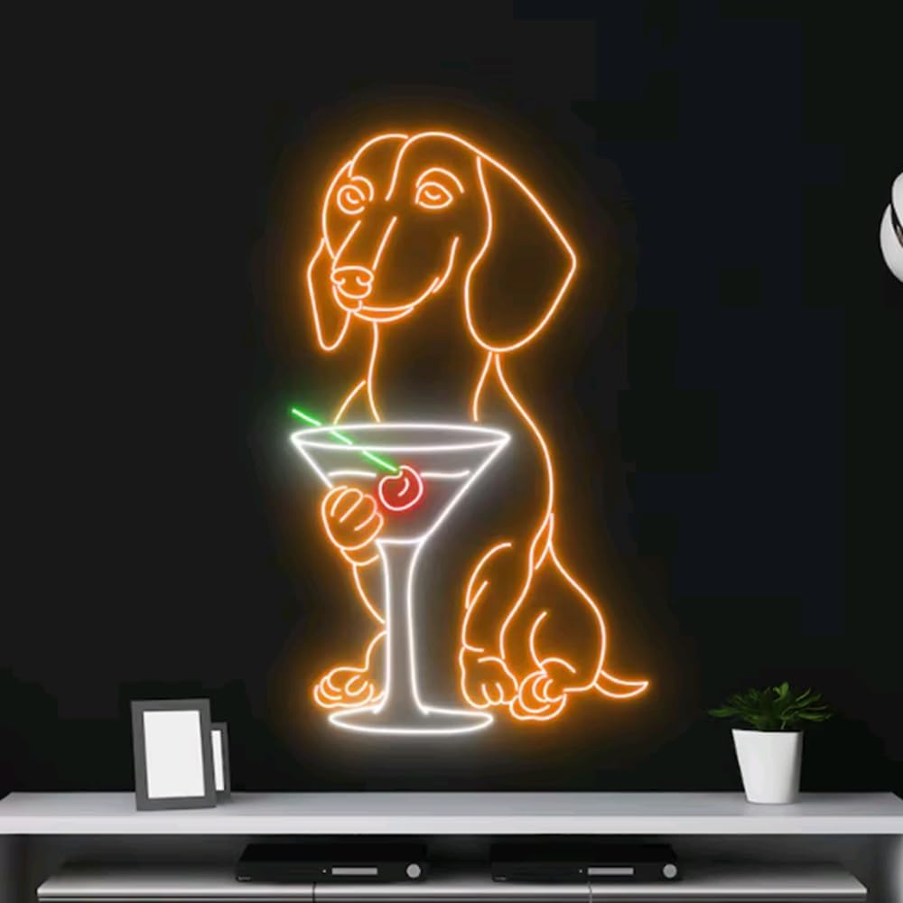 Dachshund Drinking Martini Neon Sign, Dachshund LED Light, Cocktail LED Sign, Wine Bar Club Neon Wall Decor Size:22inches
