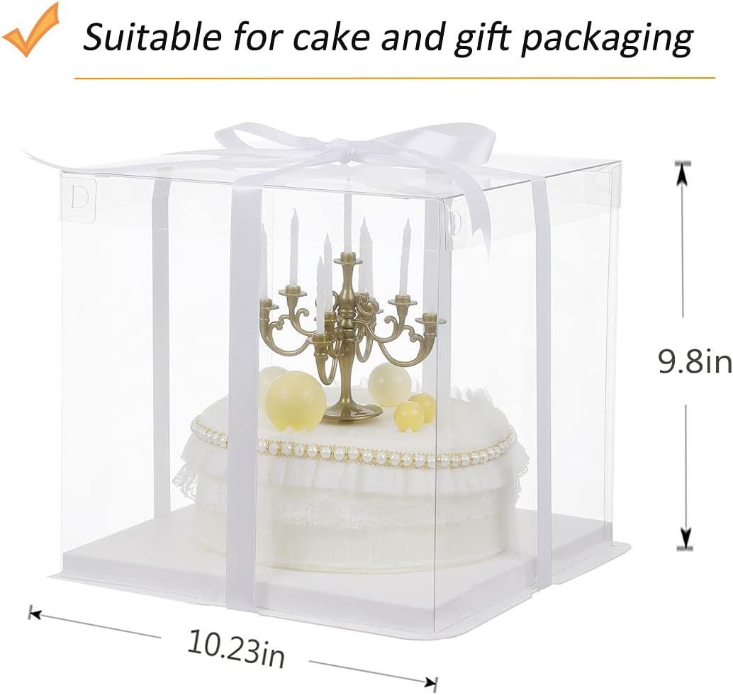 XININSUN 10 inch Clear cake Box, Large Transparent cake Box,tall cake boxes with Ribbon,10x10x9inch - Suitable for packing 8" or 10" cakes,Clear Gift Display Box for Carry Tall Layer Gift-6Pcs-White