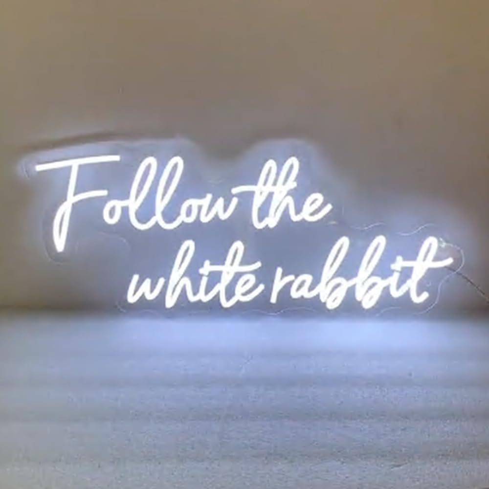 Follow the White Rabbit Custom Neon Sign Bedroom Led Light Home Decor, Wall Room Party Decorations Size:H9 xW24inches