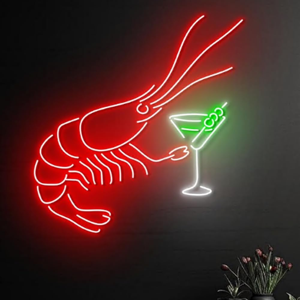Shrimp Martini Neon Sign, LED Seafood Bar Light for Cocktail Lounge, Restaurant Decor, Neon Wall Decor for Food Truck Size:20inch