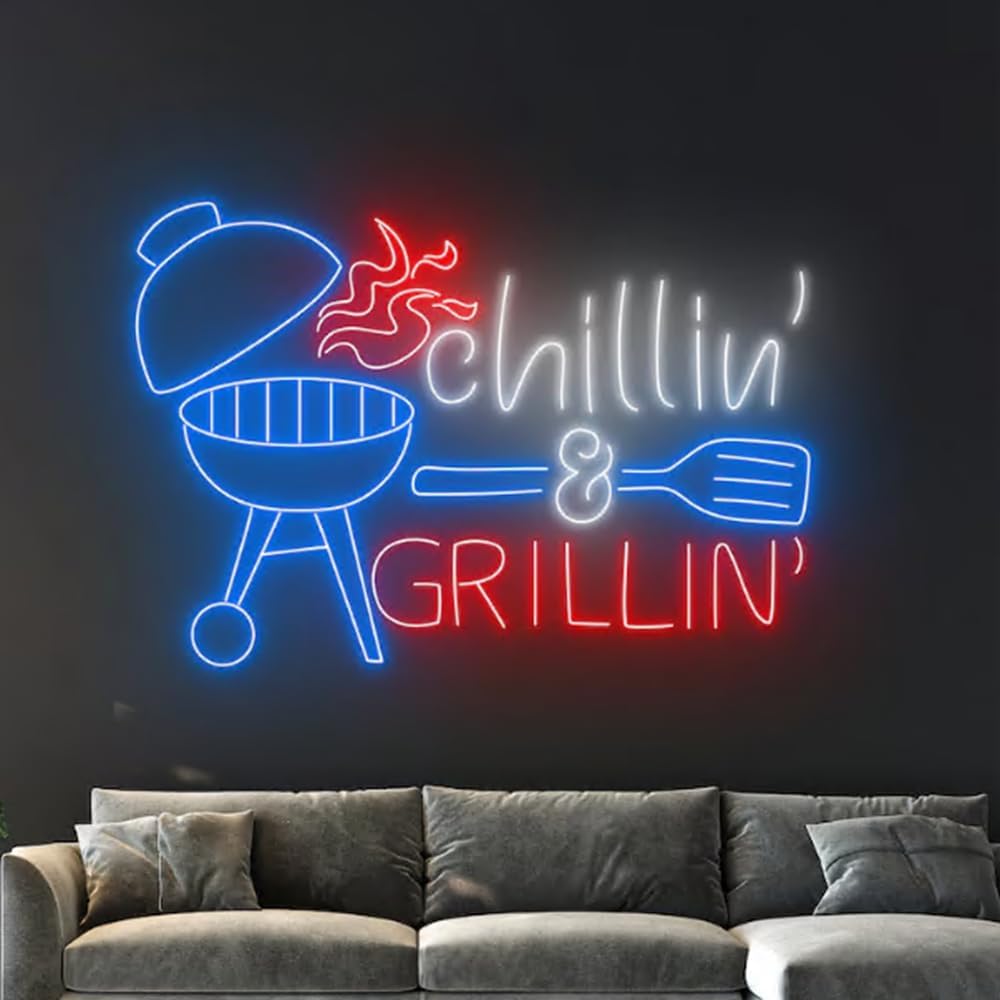 Chilling And Grilling Neon Light, BBQ Neon Sign, Barbecue Led Light, Grill Led Sign, Fire Meat Room Wall Decor, Restaurant Neon Light Size:23inch