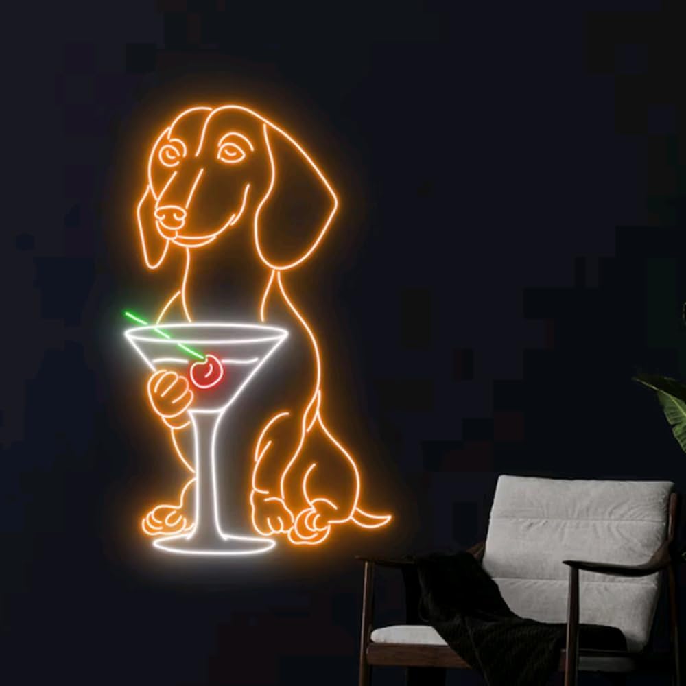 Dachshund Drinking Martini Neon Sign, Dachshund LED Light, Cocktail LED Sign, Wine Bar Club Neon Wall Decor Size:22inches