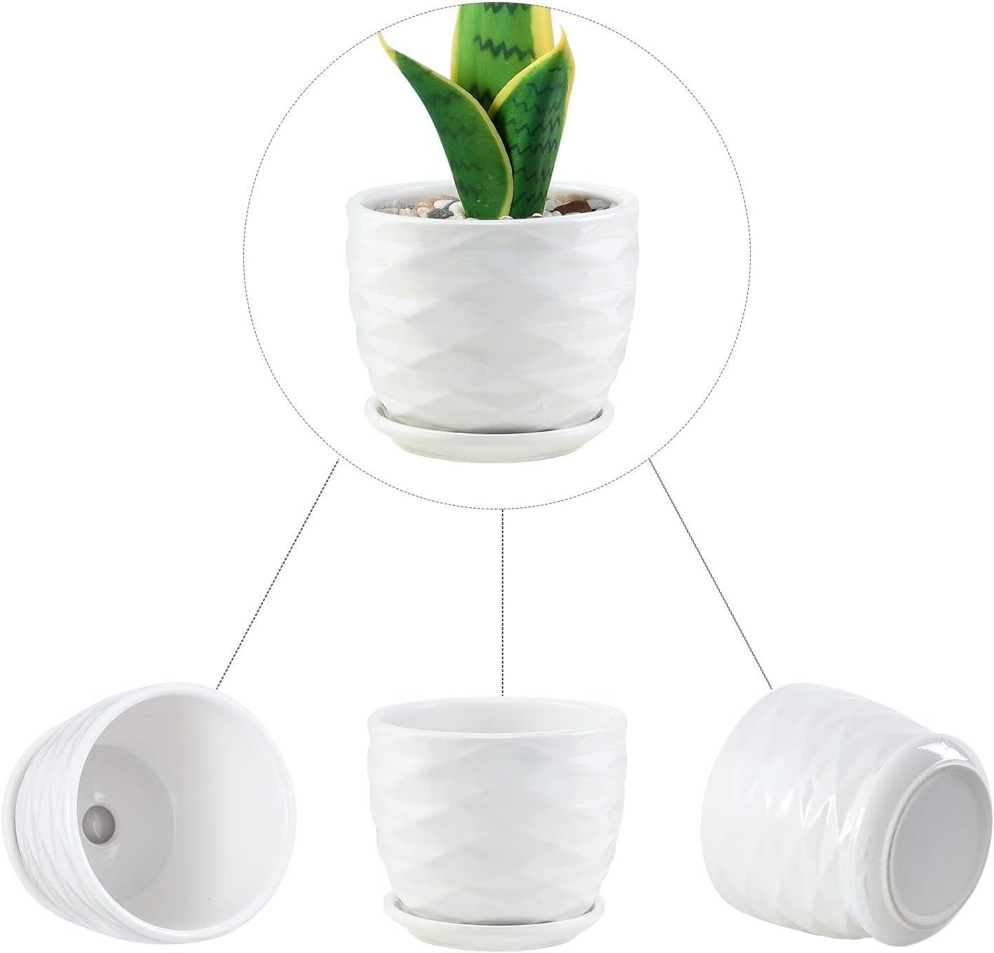 Plant Pots - 4.7 Inch Cylinder Ceramic Planters with Connected Saucer, Pots for Succuelnt and Little Snake Plants, Set of 4, White