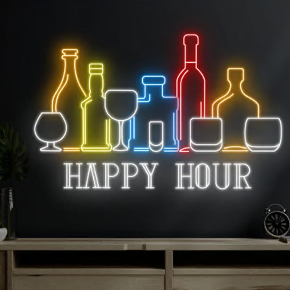 Happy Hour Wine Beer Neon Sign, Wine Bar Beer Pub Neon Sign, Custom Neon Sign, Alcohol Bar Open Night Light Decor, Drinking Lover Gifts Size:25inch