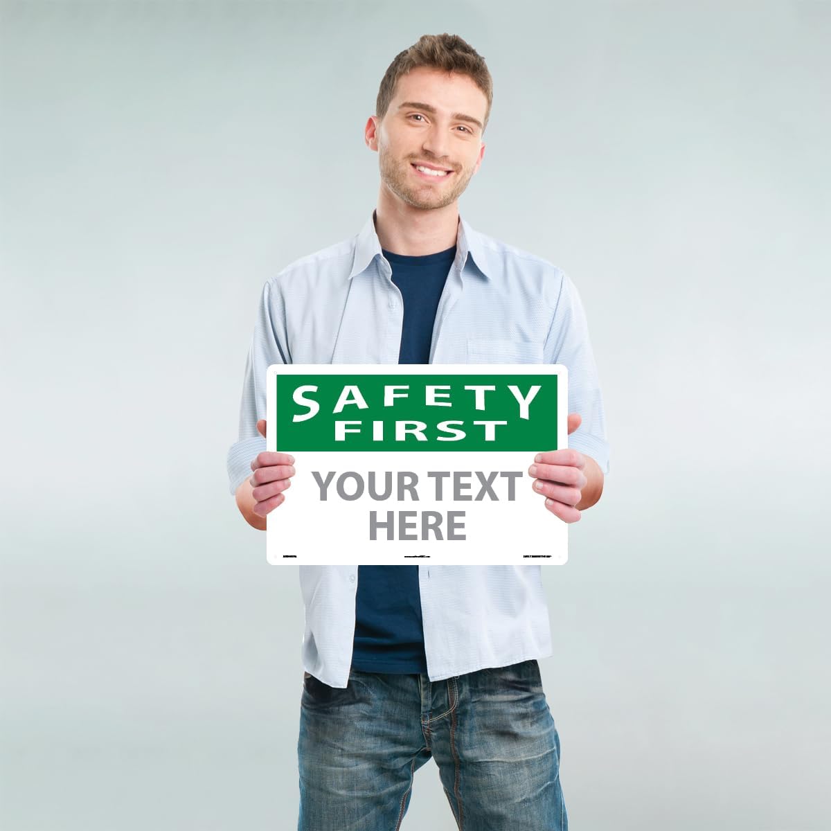 Custom OSHA Style Safety First Sign 12" x 18" Aluminum Sign, Customizable "Your Text Here", by AccuformNMC Made in USA