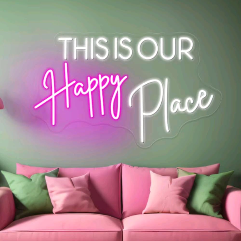 This Is Our Happy Place Neon Sign Custom Bedroom LED Neon Light Home Living Room Salon Wall Decor Wedding Party Decoration Personalized Gift USB Size:20x12inch