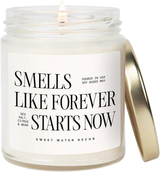 Sweet Water Decor Smells Like Forever Starts Now Candle, Wedding Candle, 9oz Jar with Gold Lid, Sea Salt Citrus Musk Amber Scent, Non-Toxic Soy Wax, Engagement Gift for Bride, Bridal Shower, Newlyweds