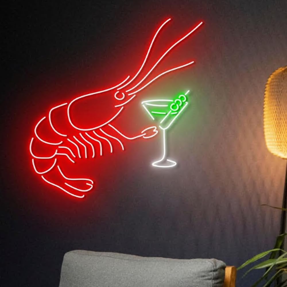 Shrimp Martini Neon Sign, LED Seafood Bar Light for Cocktail Lounge, Restaurant Decor, Neon Wall Decor for Food Truck Size:20inch