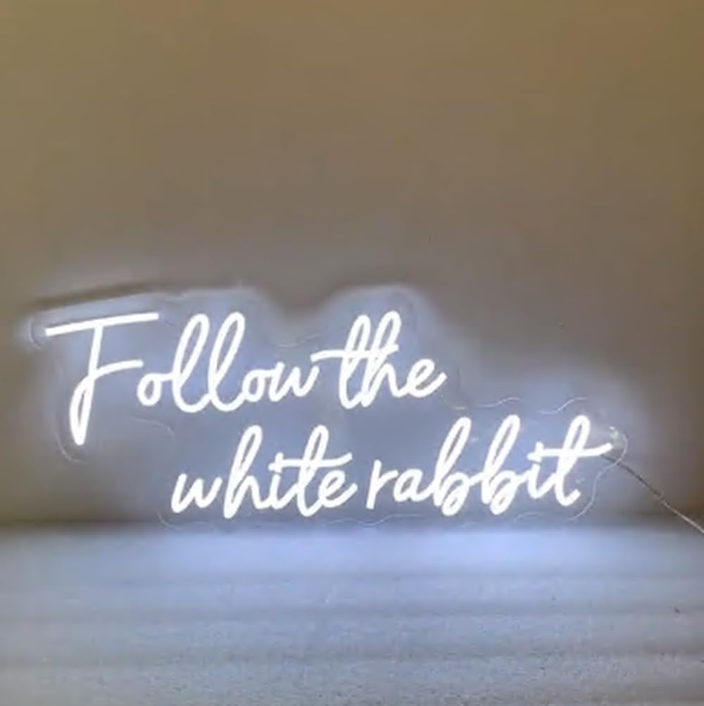 Follow the White Rabbit Custom Neon Sign Bedroom Led Light Home Decor, Wall Room Party Decorations Size:H9 xW24inches