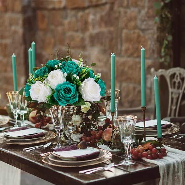BLOSMON Flower Ball Centerpieces for Wedding: 10 Pcs Teal White Fake Roses Flowers Artificial for Table - Silk Kissing Bouquet Floral Arrangement Center for Home Party Event Decor