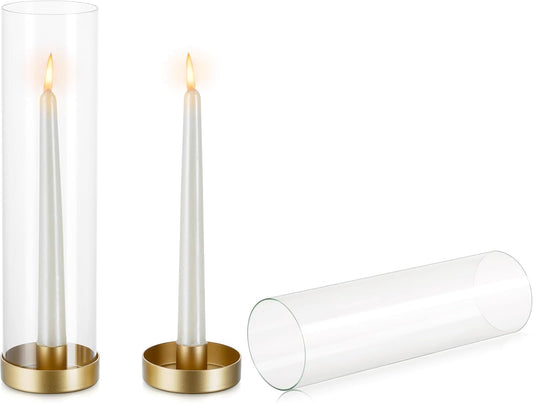 NUPTIO Gold Taper Candle Holders: 2 Pcs Hurricane Metal Candlestick Holder Stand with 11.81 inch Tall Clear Glass Open Ended Cylinder Covers for Tapered Candles Wedding Party Centerpieces for Tables