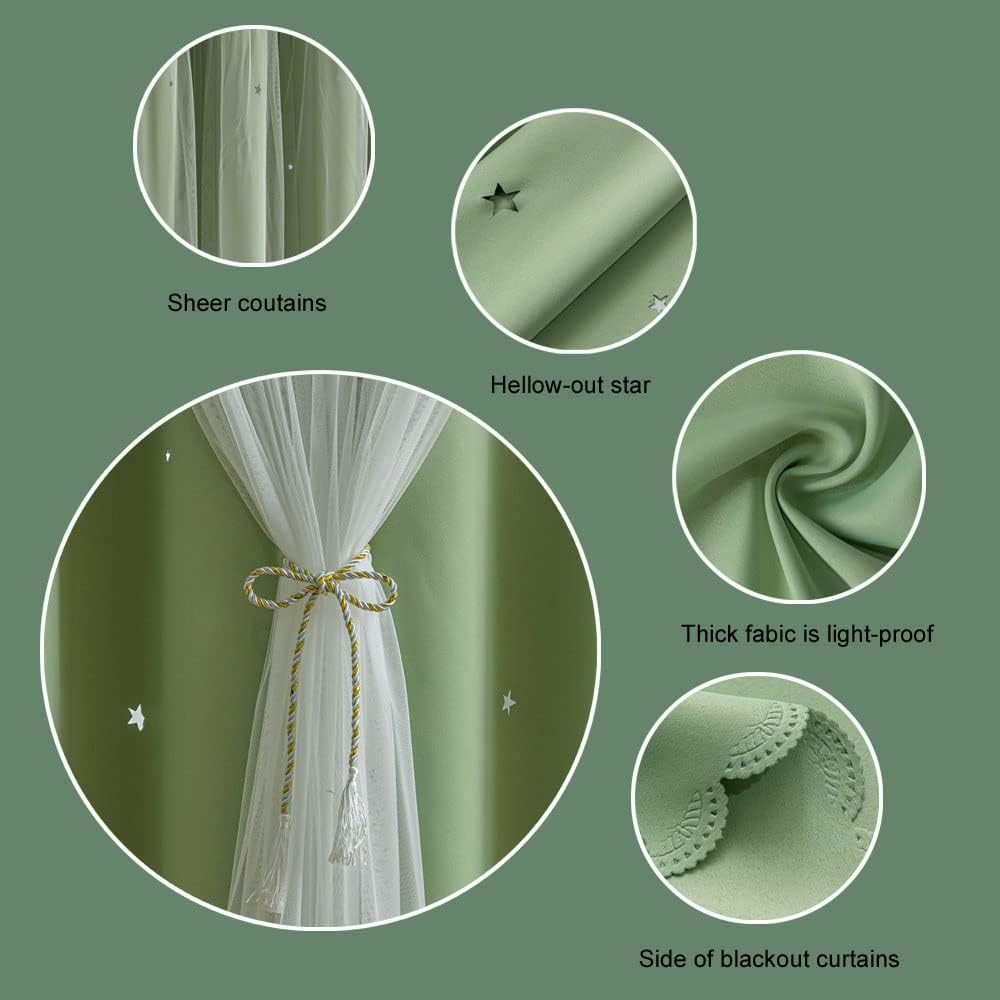 FANLI 2 Panels Star Blackout Curtains for Kid Girls Bedroom Living Room Darking Stripe Double Layer Star Cut Out Wall Home Decor Gradient Grommet Window Curtains (Green 63L)