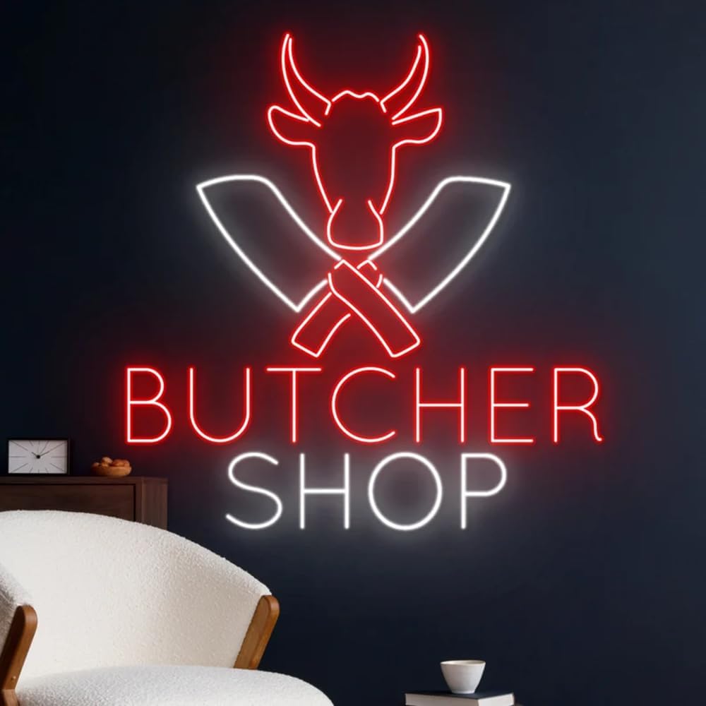 Butcher Shop Led Sign, Cow Led Light, Butcher Neon Light, Butcher Shop Neon Sign, Store Sign Wall Art, Kitchen Business Decor Size:18inches