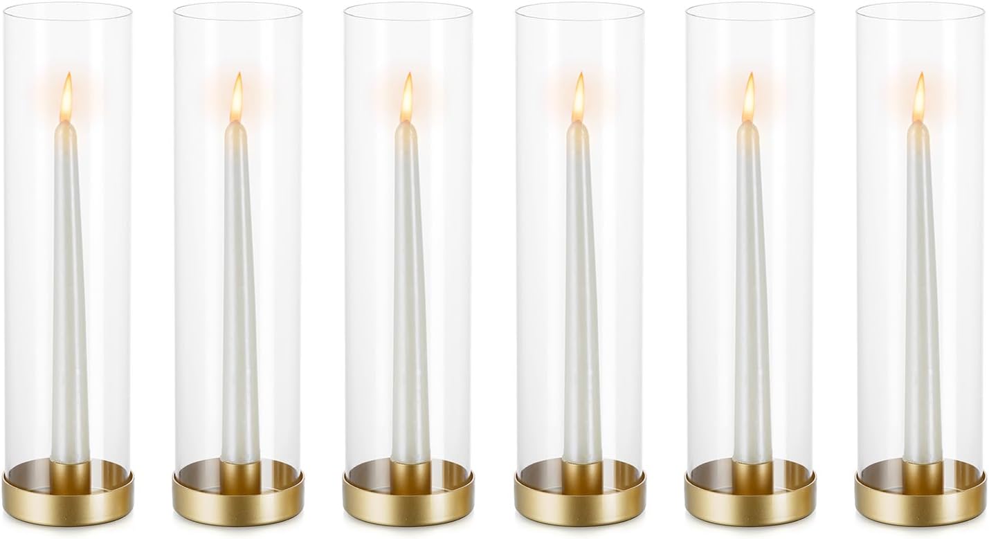 NUPTIO Hurricane Glass Candle Holders: 6 Pcs Gold Metal Taper Candlesticks Holder with 11.81 inch Long Clear Bottomless Cylinder Cover Stands for Wedding Anniversary Bridal Shower Table Centerpiece