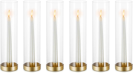 NUPTIO Hurricane Glass Candle Holders: 6 Pcs Gold Metal Taper Candlesticks Holder with 11.81 inch Long Clear Bottomless Cylinder Cover Stands for Wedding Anniversary Bridal Shower Table Centerpiece