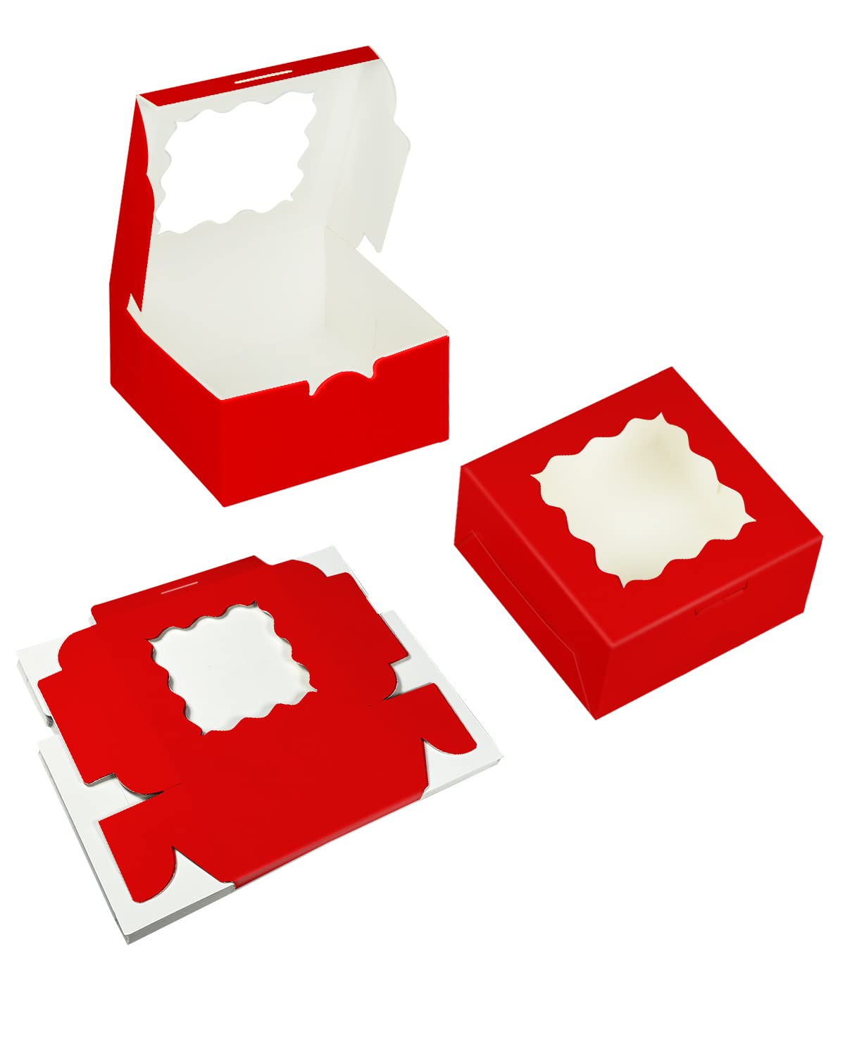 Bakepacker 100pcs Red Cookie Boxes 6x6x3 inches Easy Assemble Macaroon Pastry Boxes Bakery Boxes with Window for Bakery