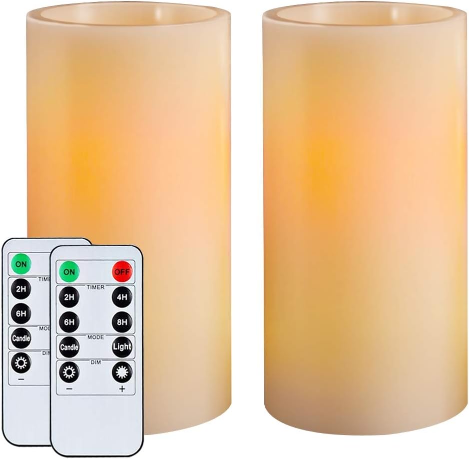 Homemory 7"x3" Flameless Candles Battery Operated, Amber Yellow Light，Realistic Wax LED Pillar Candles with 2 Remote Controls & Cycling 24-Hour Timer, Long Battery Life, Set of 2, Ivory, Indoor Only