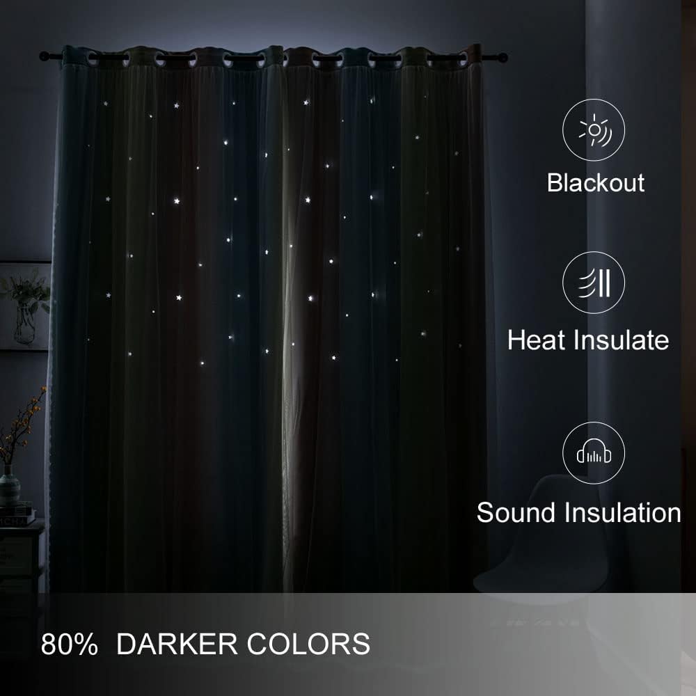 FANLI Ombre Rainbow Blackout Curtains for Kid Girls Bedroom Living Room Darking Stripe Double Layer Star Cut Out Wall Home Decor Gradient Grommet Window Curtains (Pink/Blue, 52W x 63L)