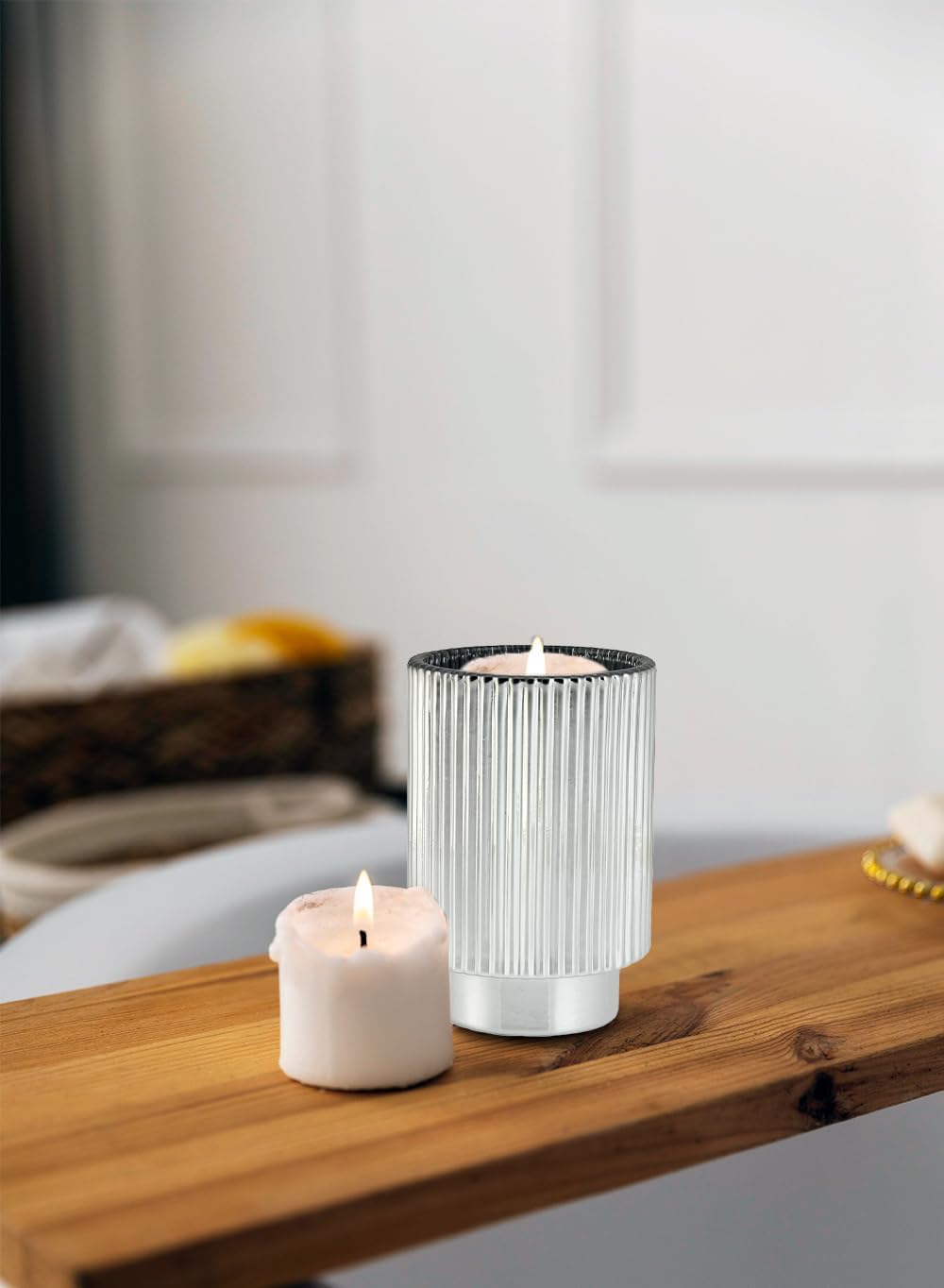 Serene Spaces Living Silver Ribbed Pedestal Glass Votive Holder, Table Centerpiece, Home, Office, Wedding, Birthday, Holiday & Special Events Decor, 3.5" Diameter & 5" Tall, Pack of 24