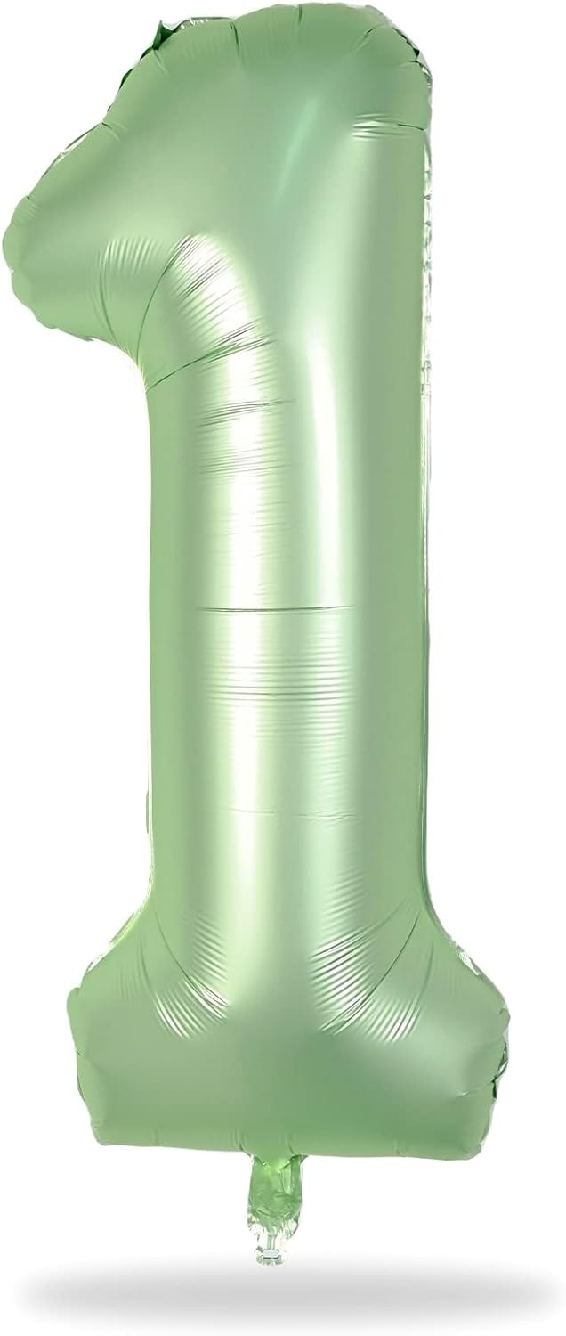 Sage Green 1 Balloons, 40 Inch Giant Olive Green Helium Foil Number 0-9 for Girls, Self Inflating 1st Birthday Balloon for Boys Women Anniversary Baby Shower Jungle Safari Party Decorations Supplies