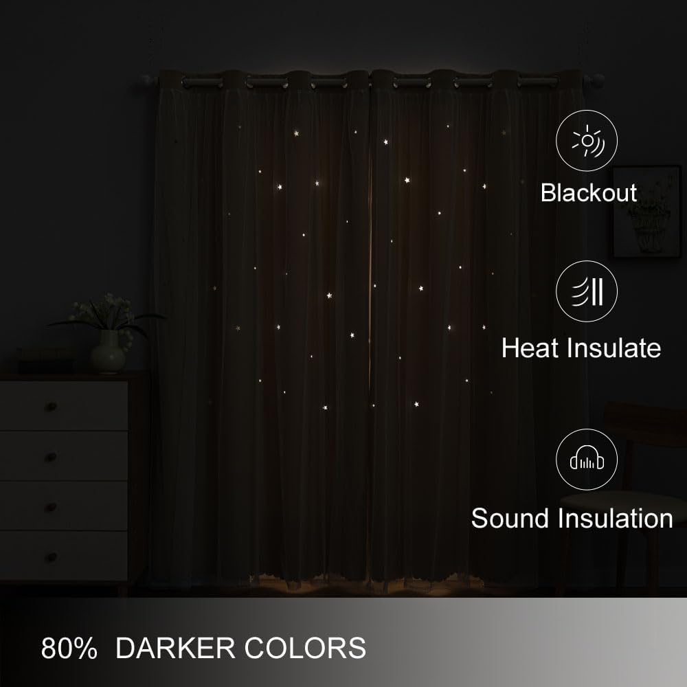 FANLI 2 Panels Star Blackout Curtains for Kid Girls Bedroom Living Room Darking Stripe Double Layer Star Cut Out Wall Home Decor Gradient Grommet Window Curtains (Beige 95L)