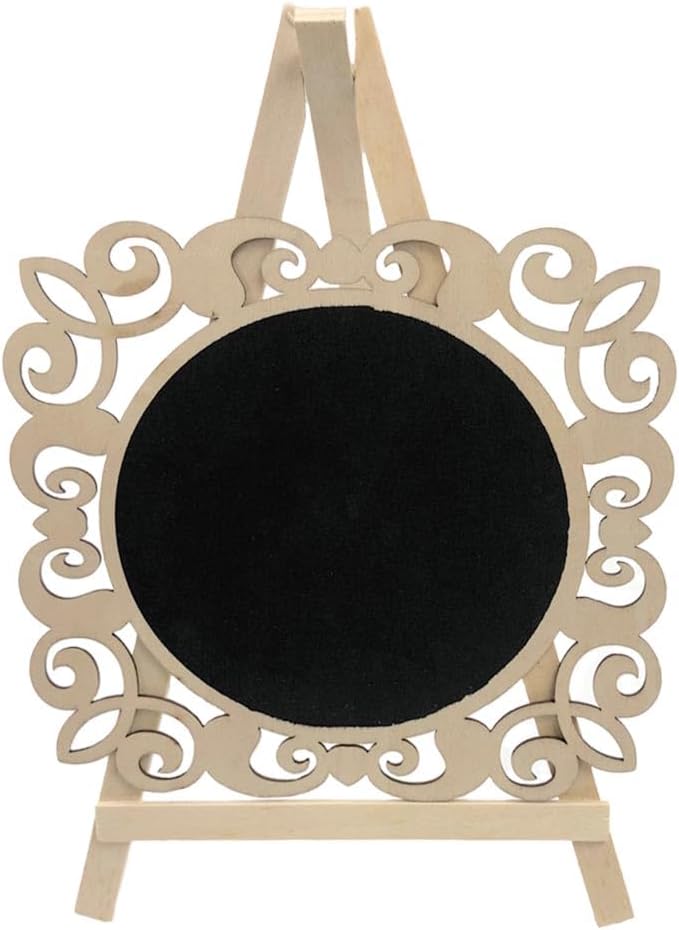 Round Chalkboard Signs Easel with Wood Framed Swirly Design, Includes 1 Chalk Stick, Size: 10" x 7" Wooden Blackboard, Perfect for Home Decor & Events Decoration