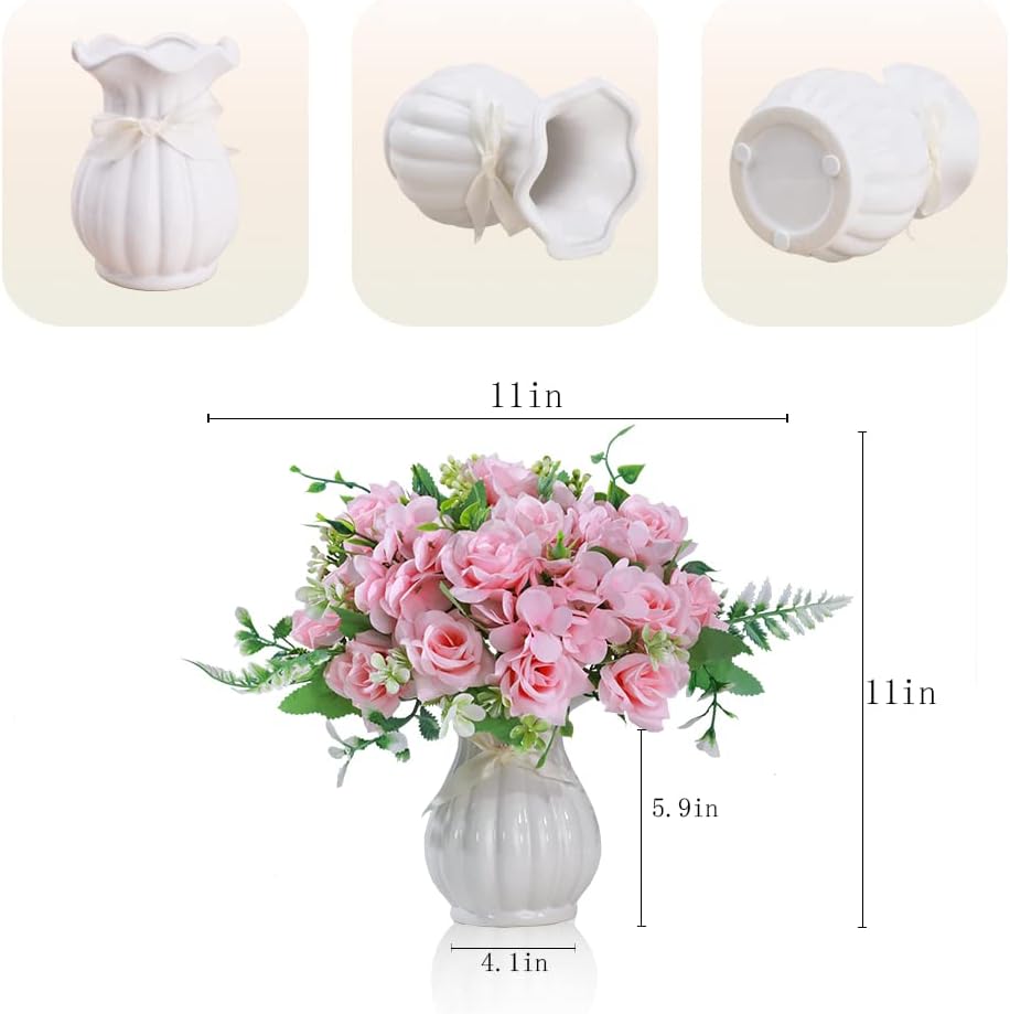 LESING Artificial Rose Silk Hydrangea Flowers Bouquets with Vase Rustic Fake Flowers for Home Decoration Table Centerpiece (Pink)
