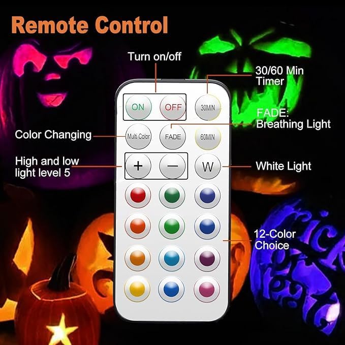 LED Color Changing Pumpkin Lights with Timer Control, Colored Puck Light Battery Operated, 16 Multi Colors LED Cabinet Light, Under Counter Lights, Valentine Day Holiday RGB Decoration Candles