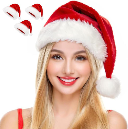 Santa Hat for Adults Christmas Hat Red Velvet Double-Layer Thickening Unisex Holiday Xmas Hats for New Year Festive Party