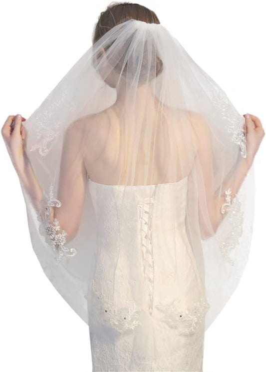 Elegent Lace Appliques Wedding Veil Crystal Beaded, Wedding Bridal Veil with Comb