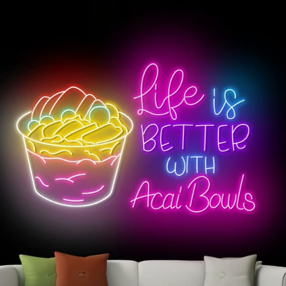 Life Is Better With Acai Bowls Neon Sign, Acai Bowl LED Light,Smoothies Neon Light, Smoothies Shop Decor, Acai Lover Gift Size:23inch