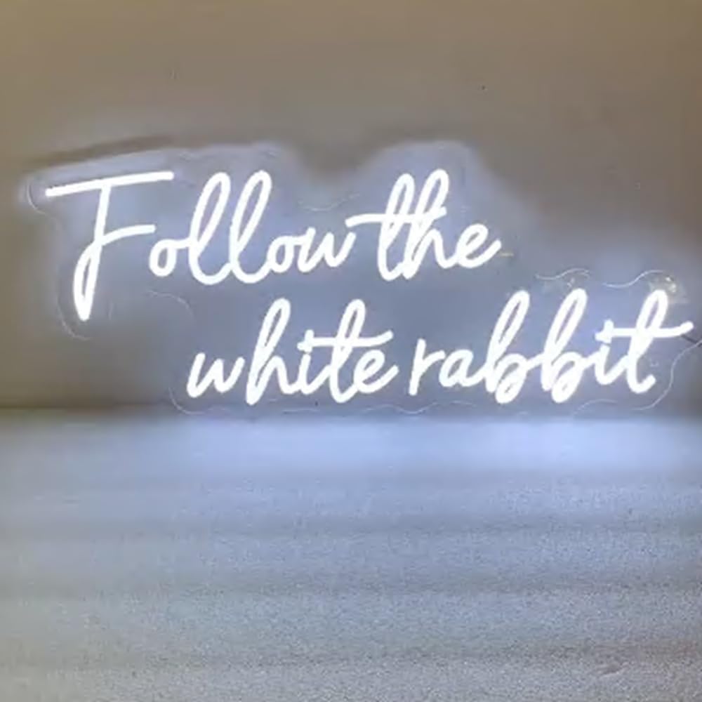 Follow the White Rabbit Custom Neon Sign Bedroom Led Light Home Decor, Wall Room Party Decorations Size:H9 xW24inches