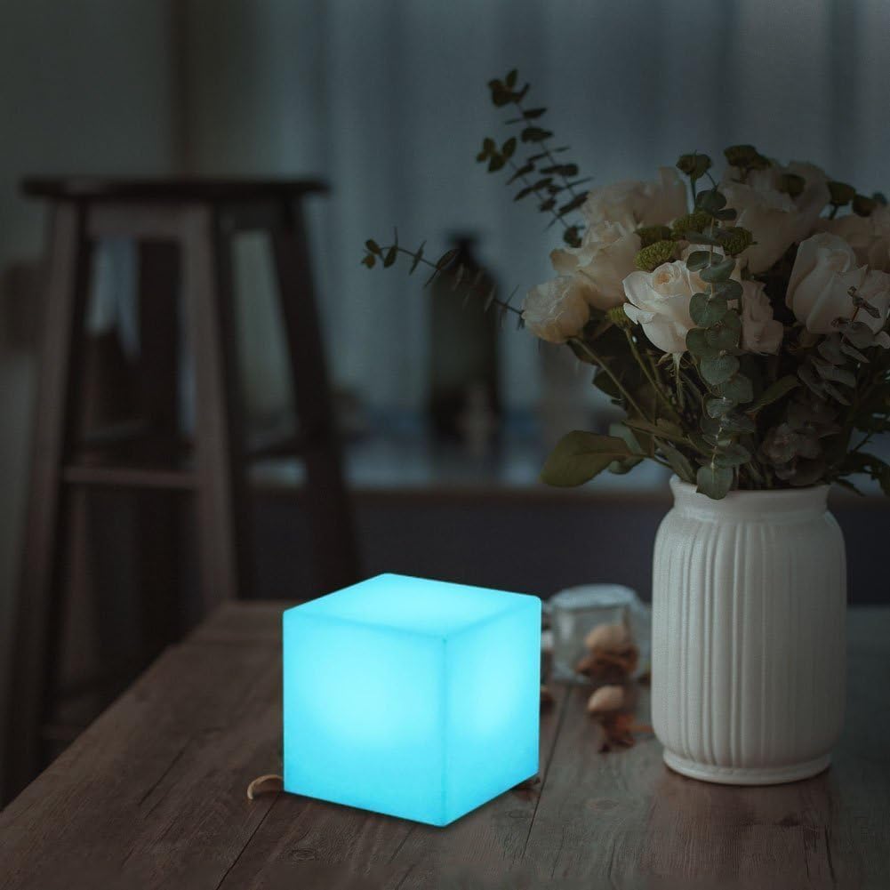 Mr.Go 4-inch Dimmable LED Night Light Mood Lamp for Kids and Adults - 16 RGB Colors - 8 Level Dimming - 4 Lighting Effect - Rechargeable - Remote Control - Decorative, Fun & Safe - White Finish Cube