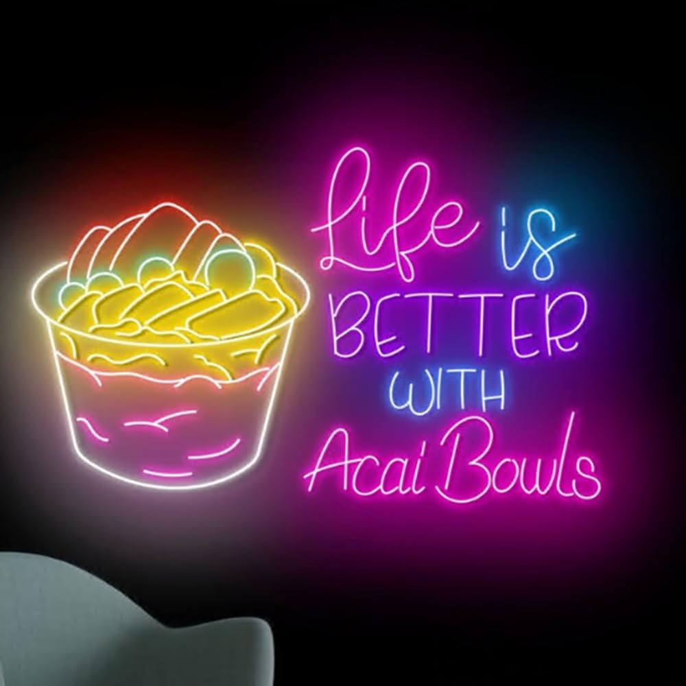 Life Is Better With Acai Bowls Neon Sign, Acai Bowl LED Light,Smoothies Neon Light, Smoothies Shop Decor, Acai Lover Gift Size:23inch
