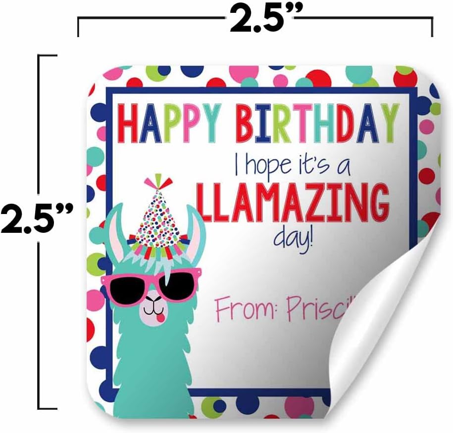 Custom & Personalized Llamazing Llama Happy Birthday Gift Tag Sticker Labels, 24 2.5" Square Stickers by Amanda Creation