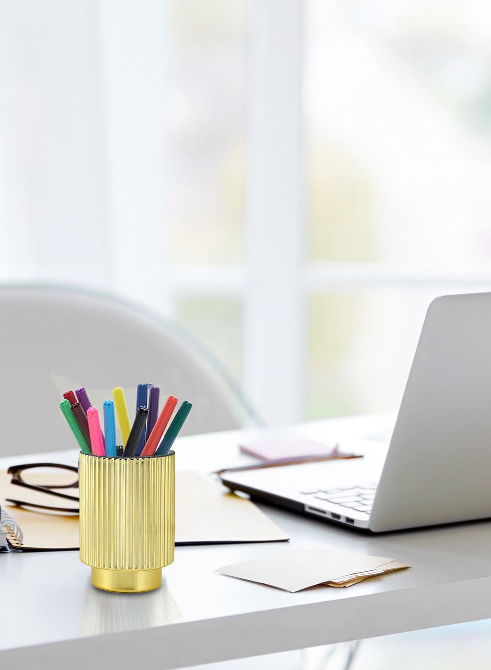 Serene Spaces Living Gold Ribbed Pedestal Glass Votive Holder, Table Centerpiece, Home, Office, Wedding, Birthday, Holiday & Special Events Decor, 3.5" Diameter & 5" Tall, Pack of 24