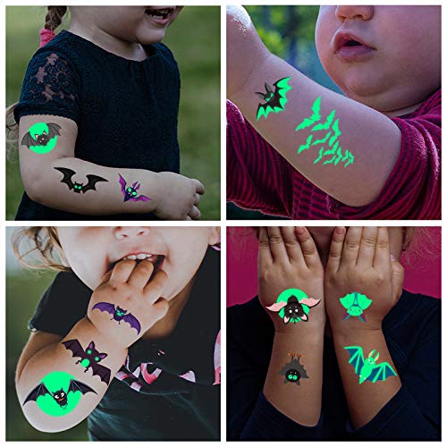 Luminous Halloween Temporary Tattoos for Kids，Halloween Party Favors-10 Sheet Glow Halloween Bat Tattoos for Boys and Girls,Halloween Decorations,Games Gift Prizes for Kids,Goodie Bag Fillers