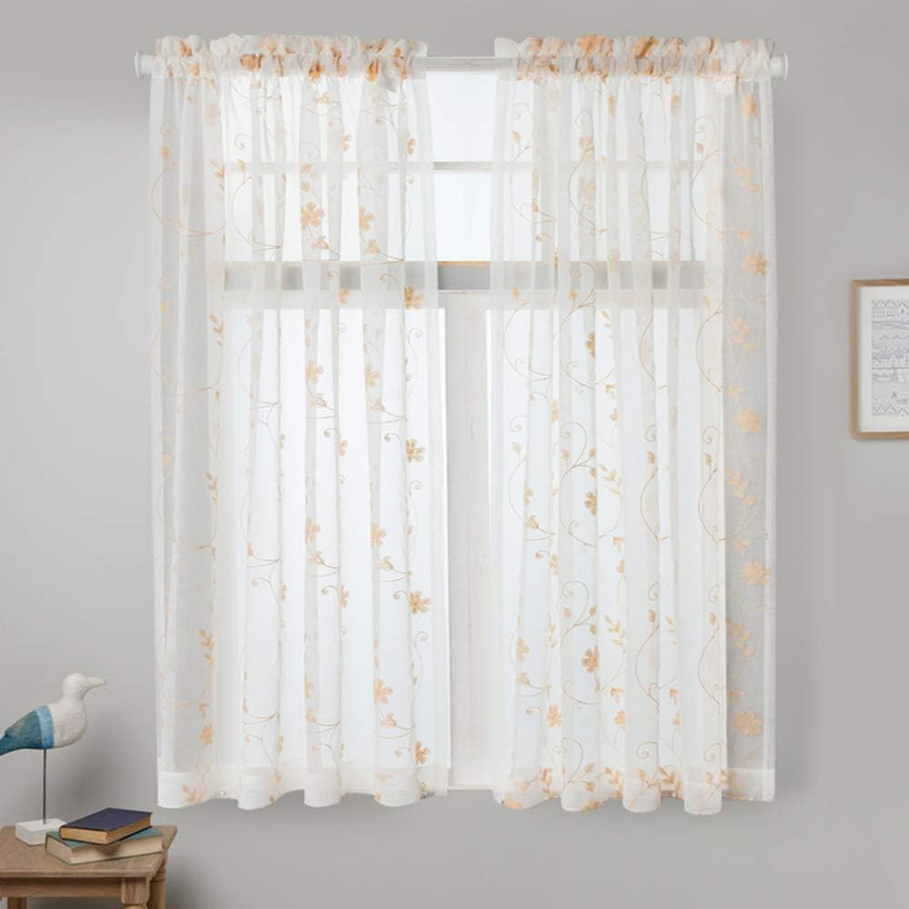 Sheer Curtains Gold 45 Inch Length,Floral Embroidered Rod Pocket Voile Drapes for Living room, Bedroom, Window Treatments Semi Curtain Panels for Yard, Patio, Villa, Parlor, Set of 2, 52"x 45".