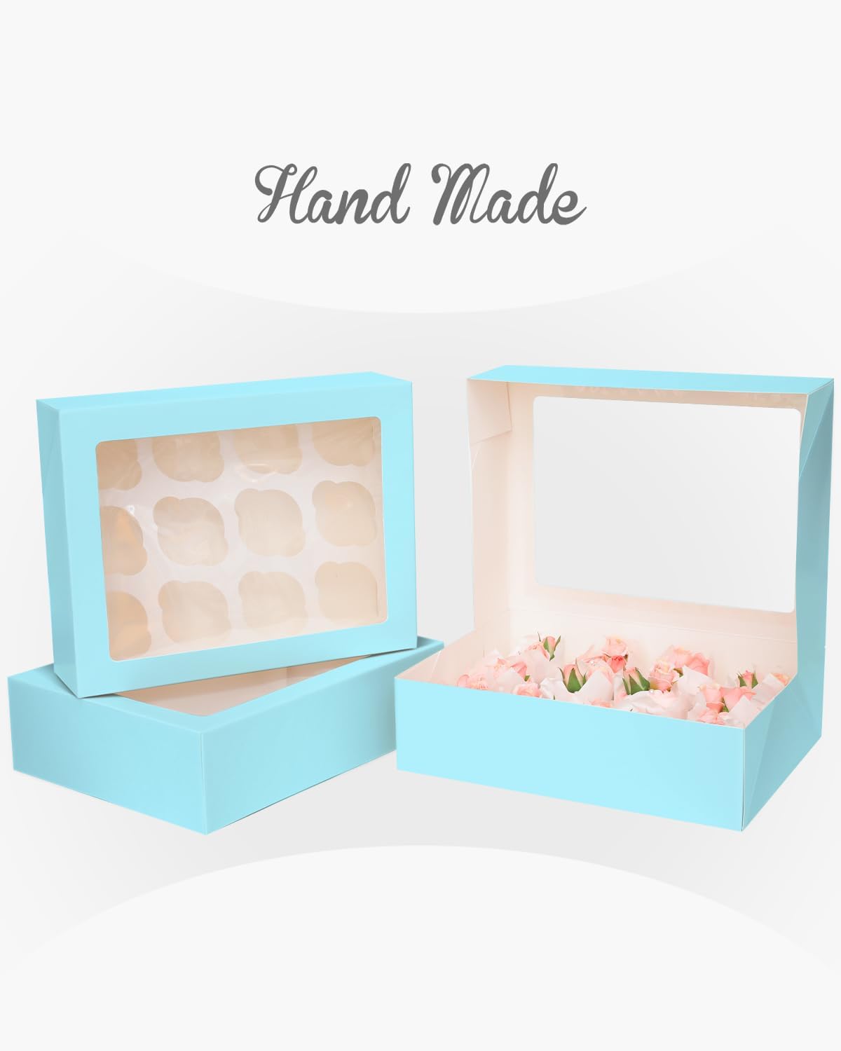 12 Cupcake Containers 10-Packs Light Blue Cupcake Box Cupcakes Carrier, 12 Cupcake Boxes with Window 13"x10"x3.5"（Auto-pop up）
