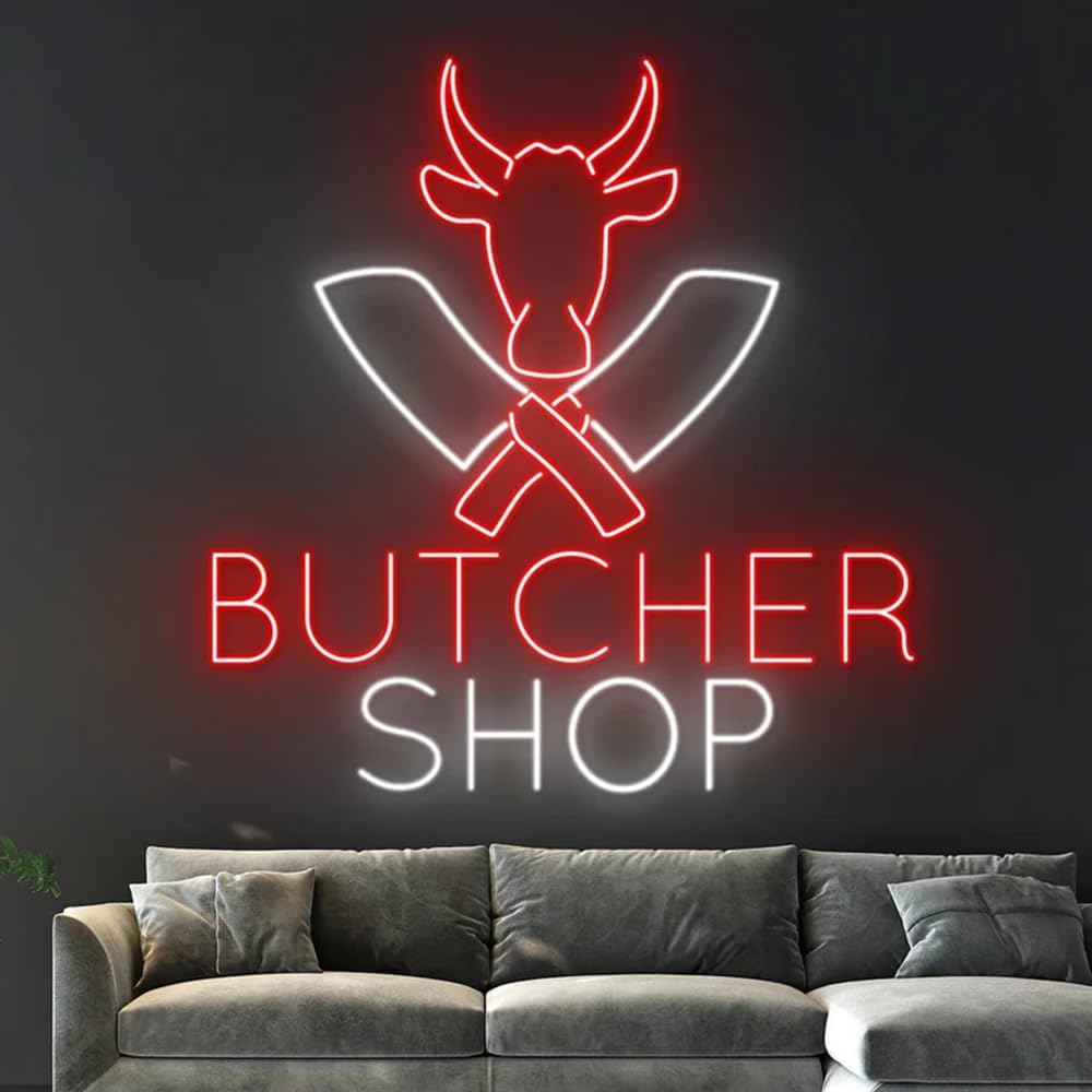Butcher Shop Led Sign, Cow Led Light, Butcher Neon Light, Butcher Shop Neon Sign, Store Sign Wall Art, Kitchen Business Decor Size:18inches