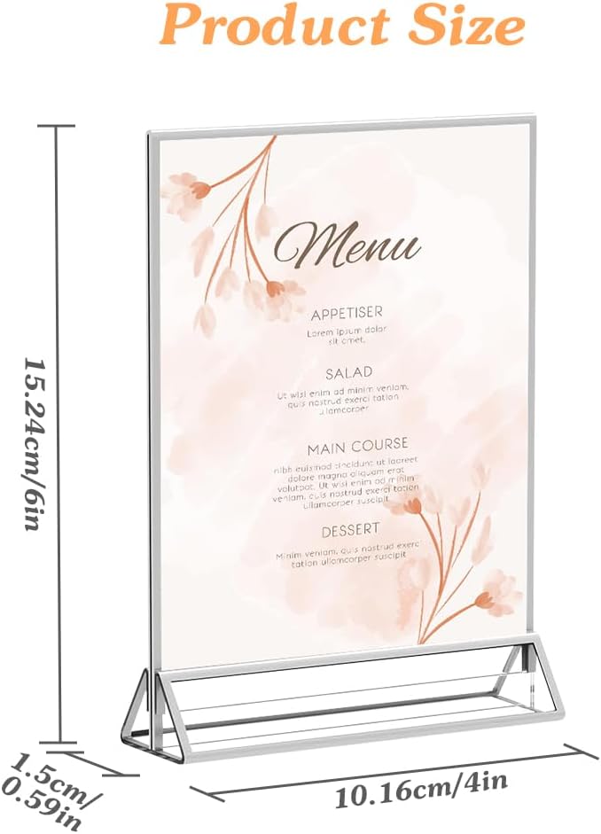 16 Pack 4x6 Clear Acrylic Sign Holders with Silver Borders and Vertical Stand, Double Sided Display Acrylic Table Number Holder for Desktop Table Menu, Wedding, Party, Restaurant