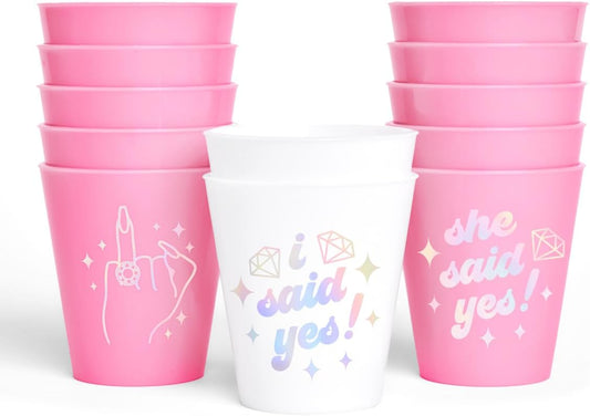 xo, Fetti Pink She Said Yes Shot Glasses - 12 Disposable 2 oz Cups | Ring Finger Bachelorette Decorations, Bridesmaid Drinkware, Engaged Drinkware