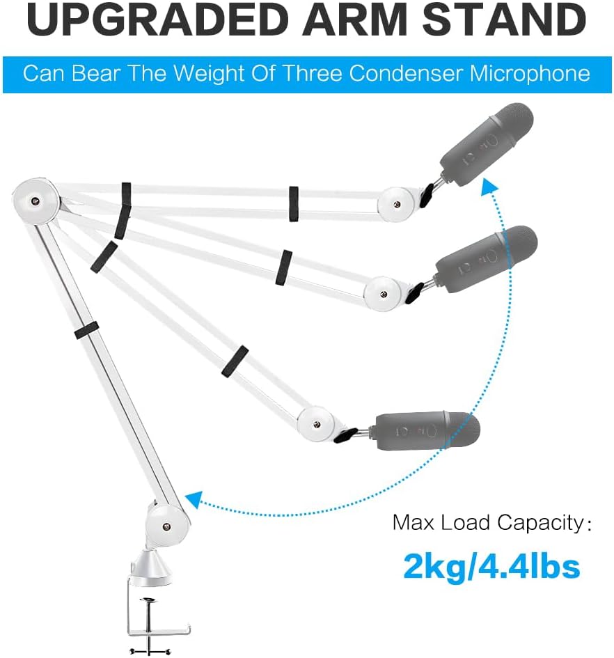 BOMGE Microphone Boom Arm Mic Stand Adjustable Clip Studio Suspension Scissor Arm Mount for Blue Snowball, ICE, Blue Yeti,Radio Broadcasting and Game (white)