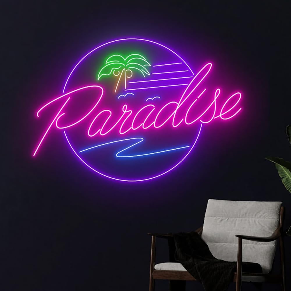 Paradise Ocean Waves Palm Tree Neon Sign, Beach Led Sign, Holiday Led Light, Tropical Island Led Sign, Pool Party Room Wall Decor, Best Gift Size:16inches