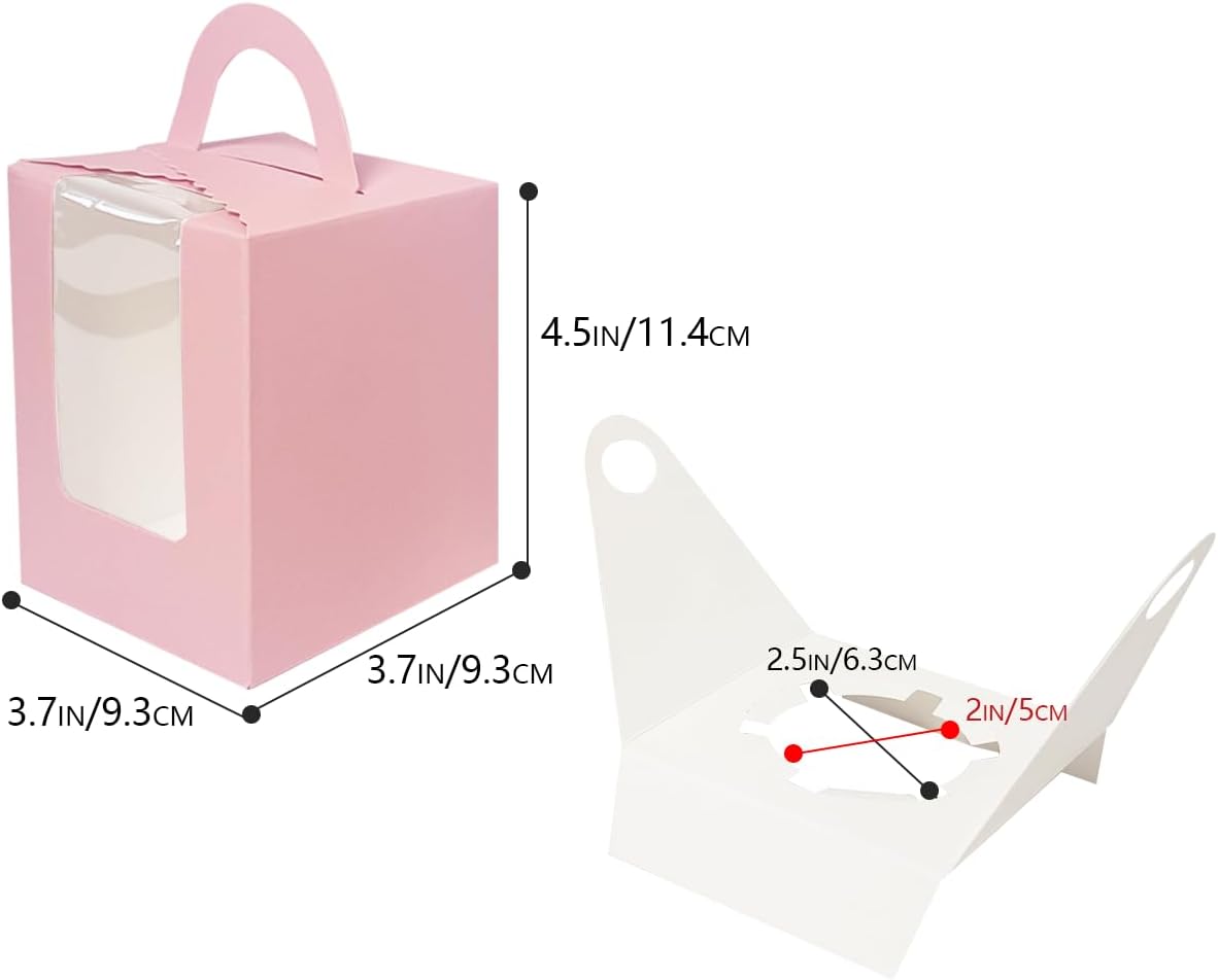 Bakepacker Auto-pop up Individual Cupcake Boxes with Window 60 Count Pink Single Cupcakes Box 3.6 x 3.6 x 4.3inch Cupcake Carrier