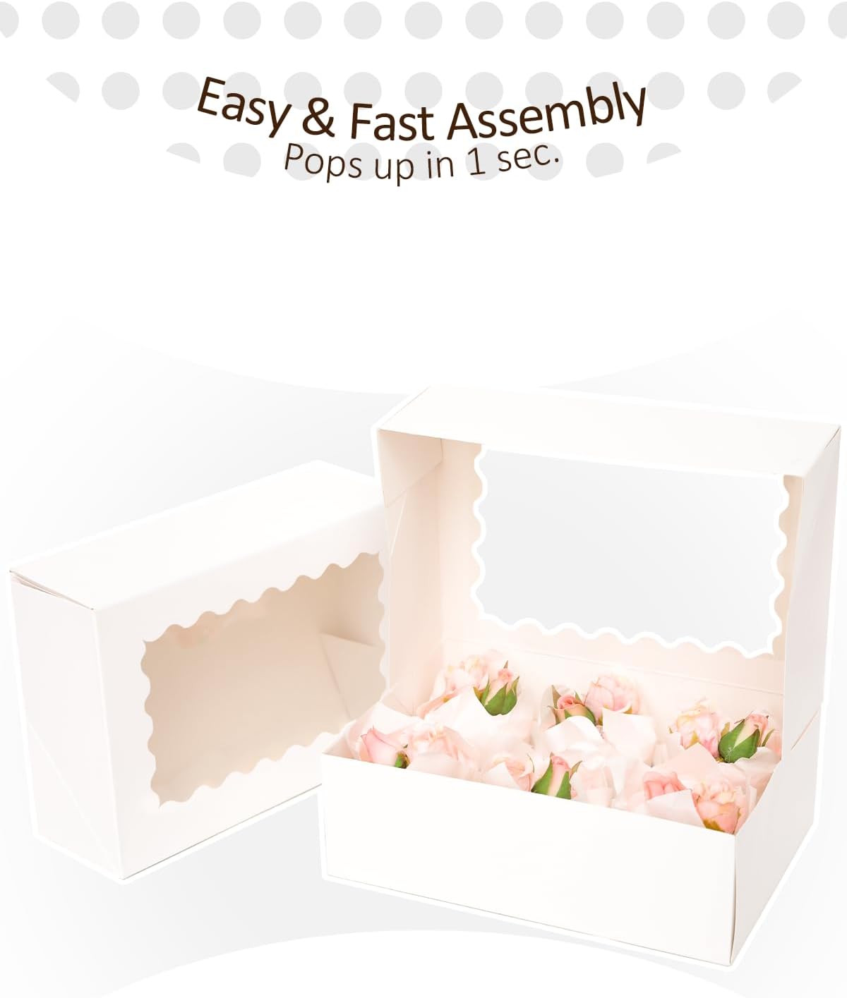 qiqee White 6 Cupcake Boxes with Window Auto-pop up 30 Packs Cupcake Box 9"x6.1"x3.3" Bakery Boxes For Cupcakes Carrier, Cupcake Containers