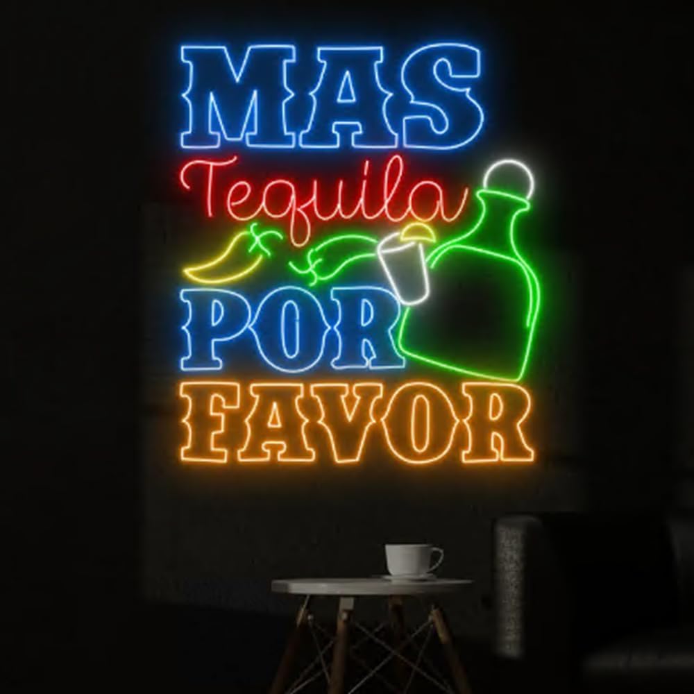Mas Tequila Por Favor Neon Sign, 25" Mexican Cocktail Bar Light Up, Tequila Cocktail Led Light Signboard, Tequila Bar Pub Neon Light Decor