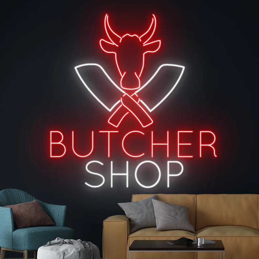 Butcher Shop Led Sign, Cow Led Light, Butcher Neon Light, Butcher Shop Neon Sign, Store Sign Wall Art, Kitchen Business Decor Size:18inches