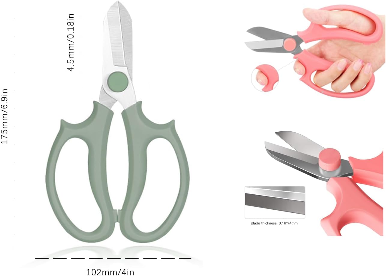 Leize Flower Scissors, Premium Thickened Stainless Steel Floral Shears, Strong Pruner for Flowers, Branches and Leaves (Green Slender 2Pics)