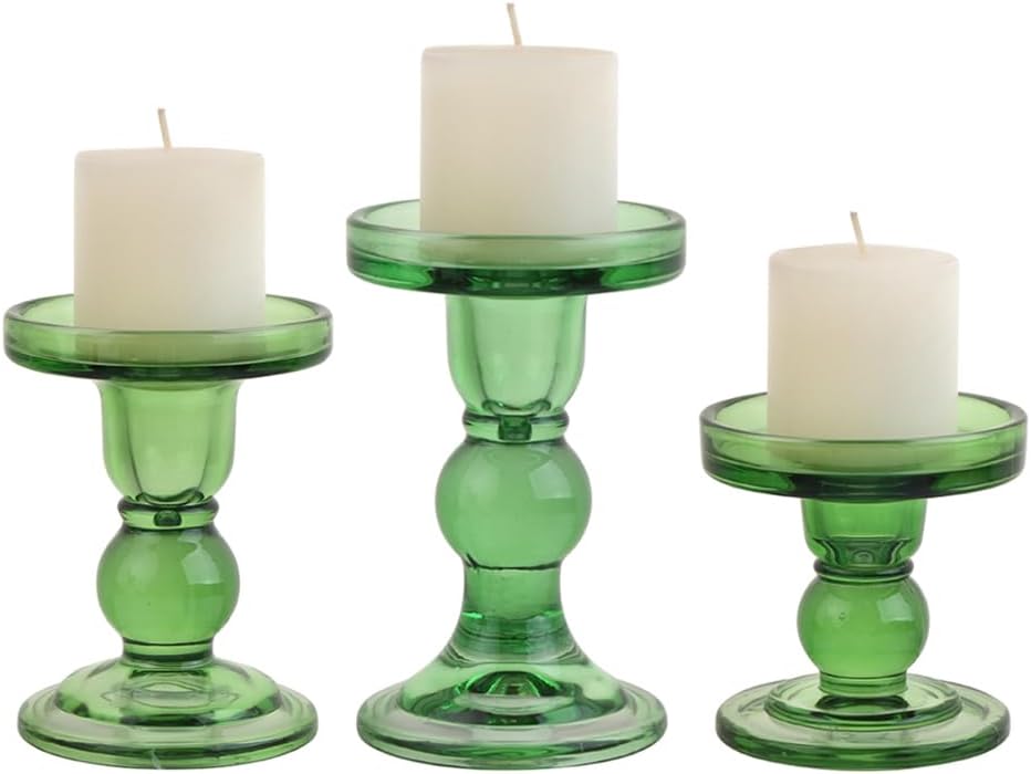 3-Piece Set of Green Glass Candlestick, Crystal Candlestick Holder Holder and Conical Candle, Christmas Candle Holder Decoration, Family Living Room Wedding Candle Holder (green1set)